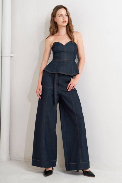 Top Peplum Off Shoulder de Mahón Oscuro con Cierre