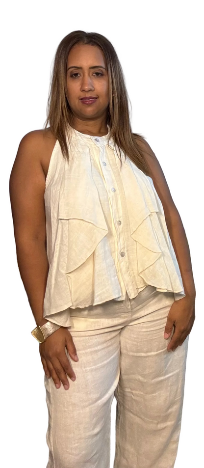 Top de Lino con Ruffles Made in Italy - Blusa Sin Manga Elegante