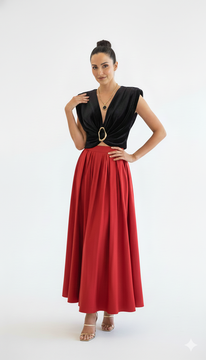 Falda Maxi Roja Plisada - Talle Alto Elegante