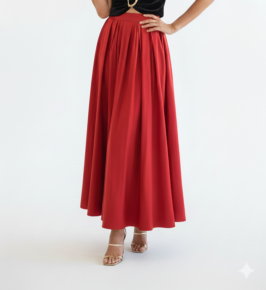 Falda Maxi Roja Plisada - Talle Alto Elegante